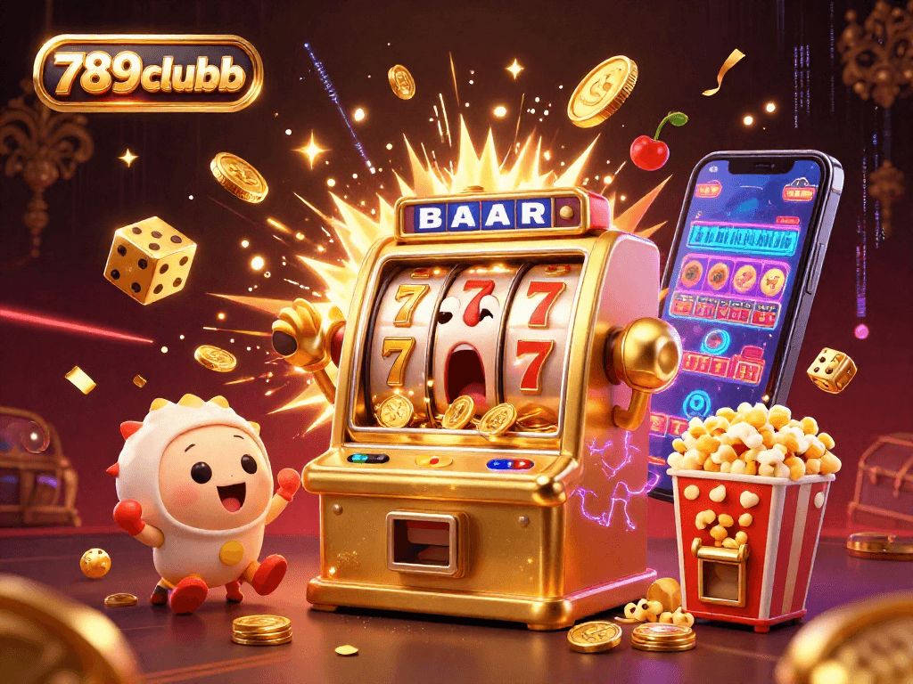 Engage with thrilling 789clubb adventures as golden slot machines celebrate a jackpot victory amidst sparkling casino chaos.