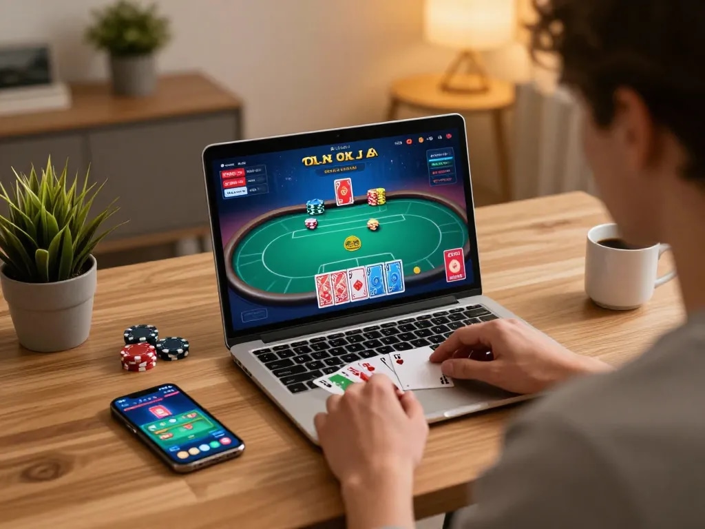 Engaging in strategic poker gameplay on 壹發娛樂 at home with warm lighting