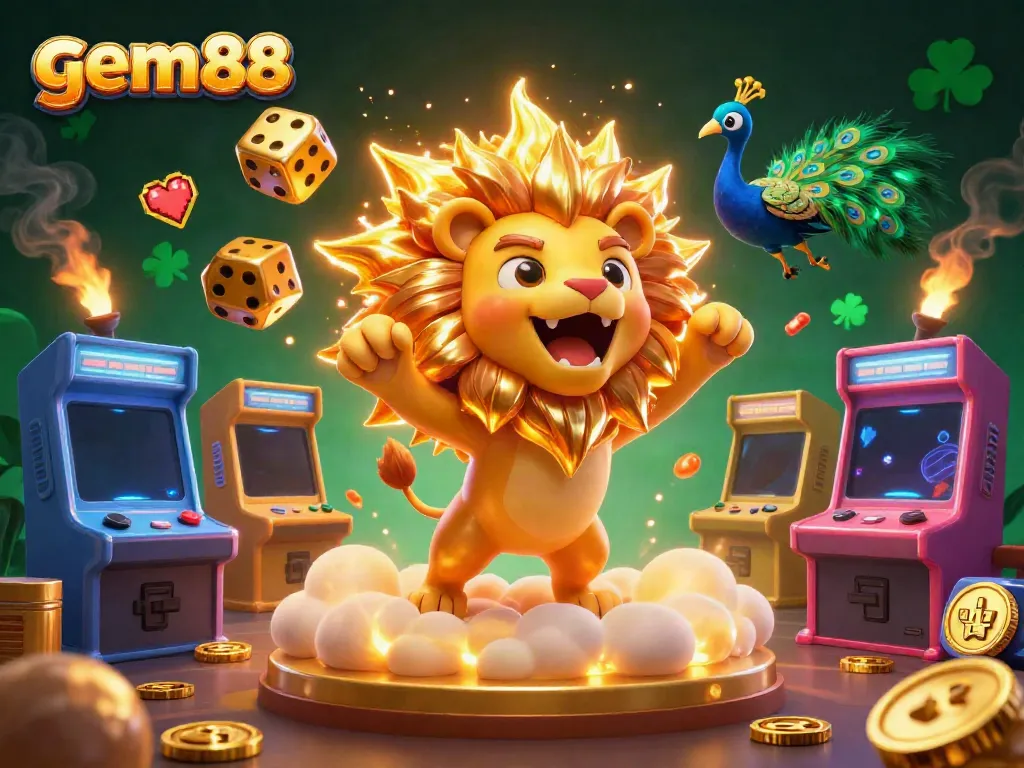 Experience exciting wins with gem88's vibrant 3D casino illustration featuring a roaring lion and golden dice.