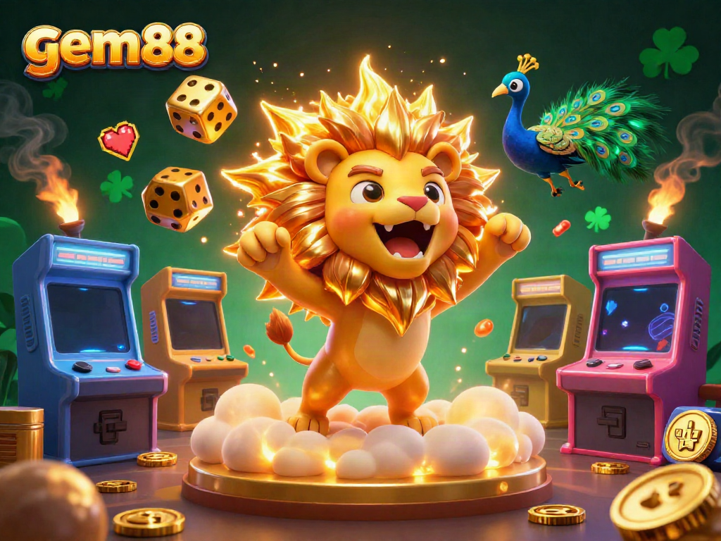 Experience exciting wins with gem88's vibrant 3D casino illustration featuring a roaring lion and golden dice.