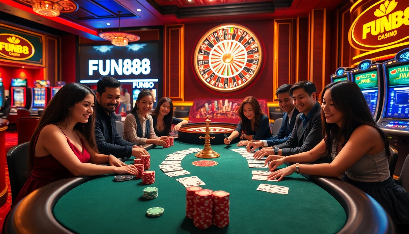 Experience excitement at FUN88 with players engaged at a luxury casino table surrounded by vibrant games.