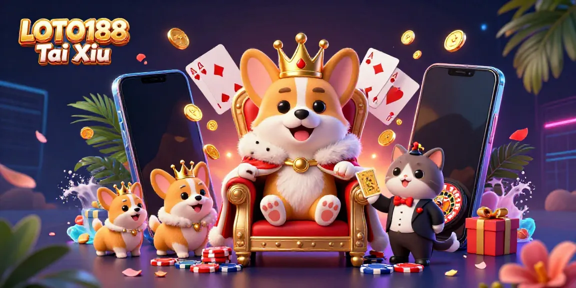 Experience the vibrant LOTO188 Tai Xiu scene featuring a royal corgi and cat butler amidst colorful gaming elements.