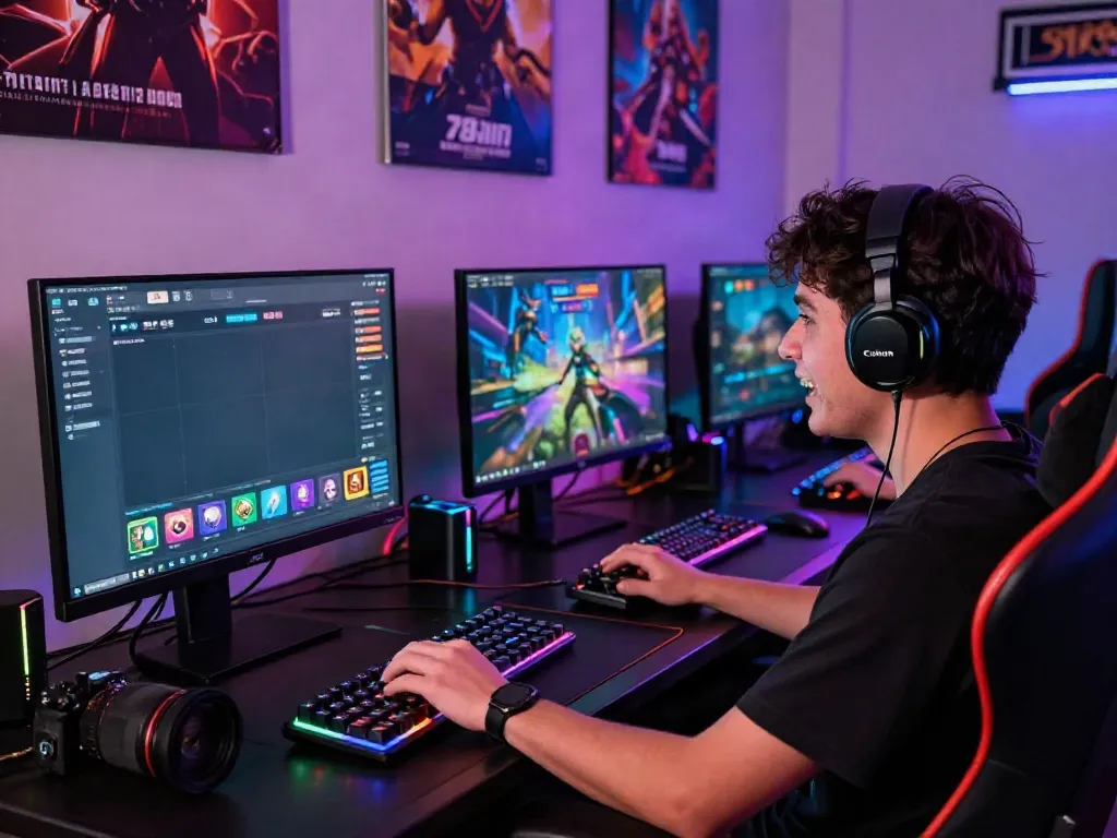 Engaged gamer experiencing chơi thử 78win on a vibrant desktop setup with immersive graphics.