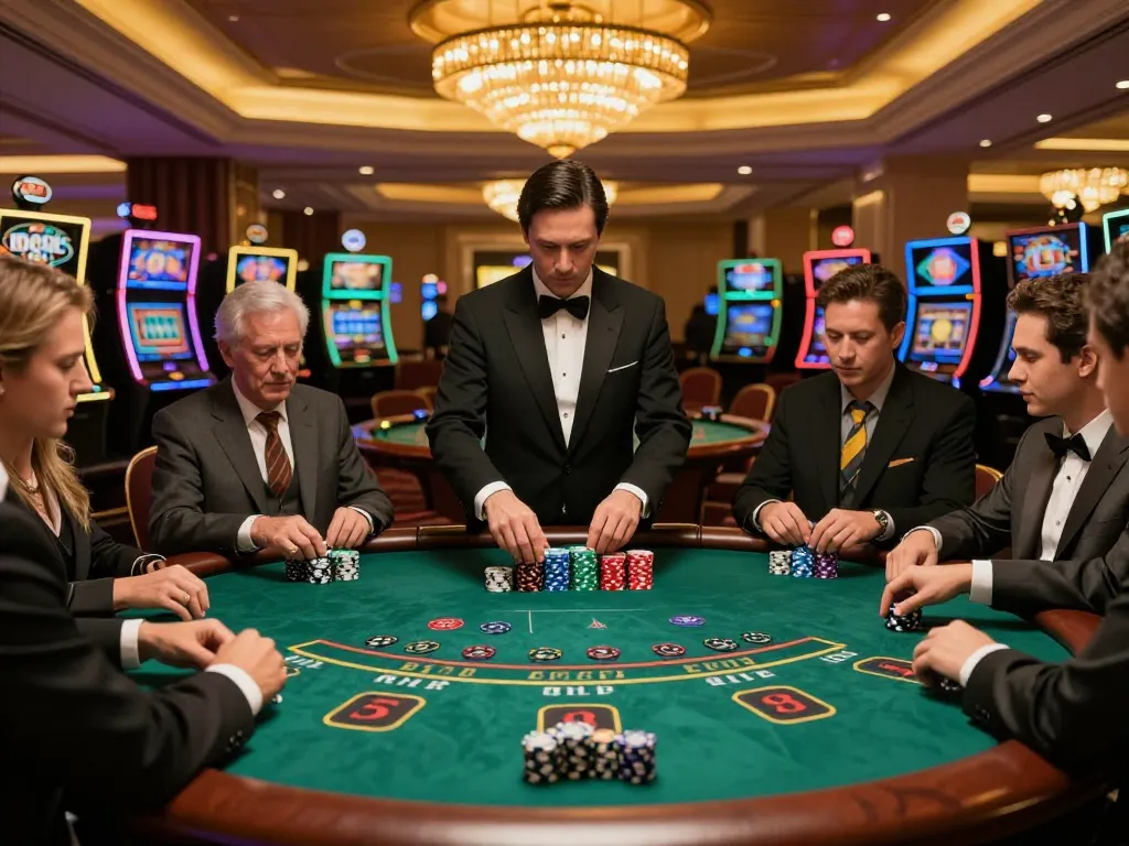 Players engaging at a blackjack table in a luxurious Vegas casino, with a focus on the strategic atmosphere of tic 88.