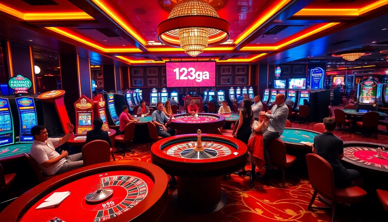 Action-packed scene at a 123ga casino with players cheering at poker and slot machines.
