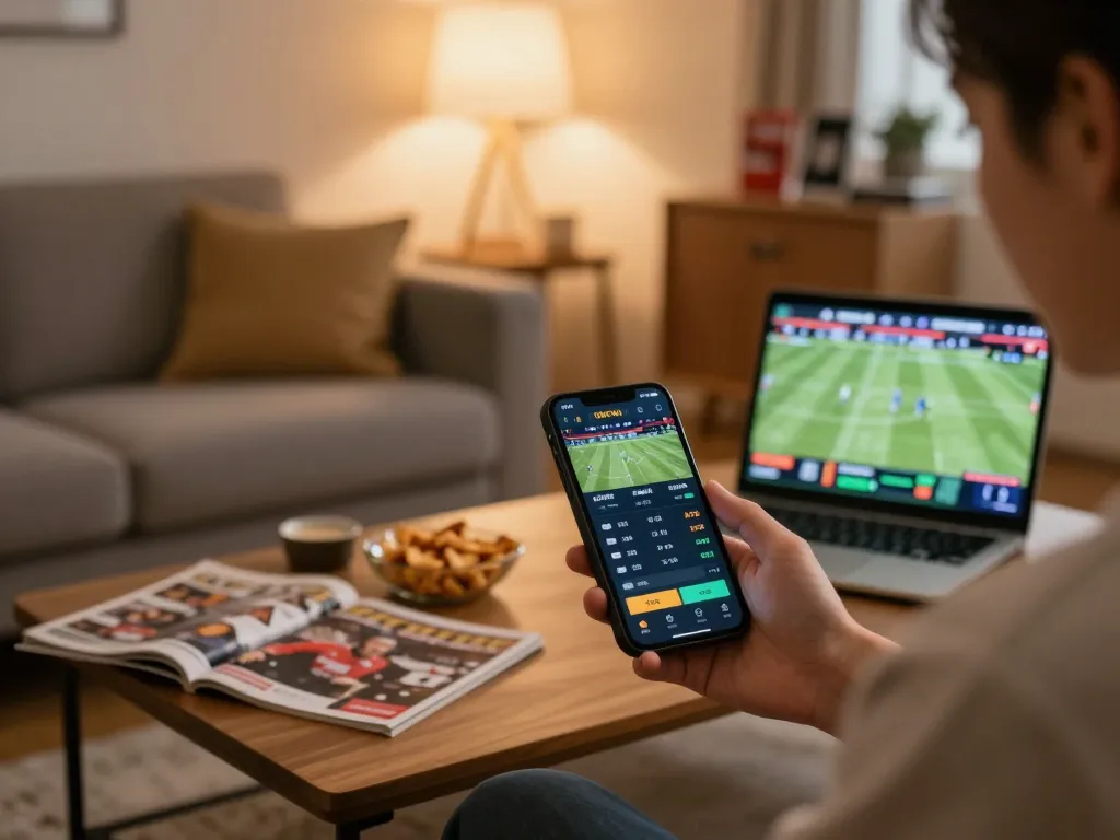 Betting on sports live via smartphone on OKFUN, showcasing dynamic odds and casual home setting