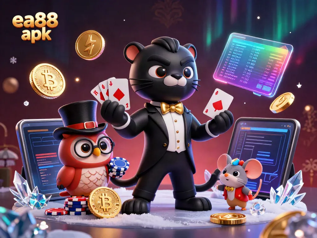 Playing cards with the stylish 3D cartoon black panther and cute owl, showcasing the ea88 apk gaming experience.