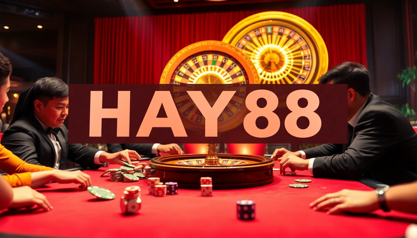 Players engaging in a thrilling game at HAY88 casino, surrounded by vibrant casino elements.
