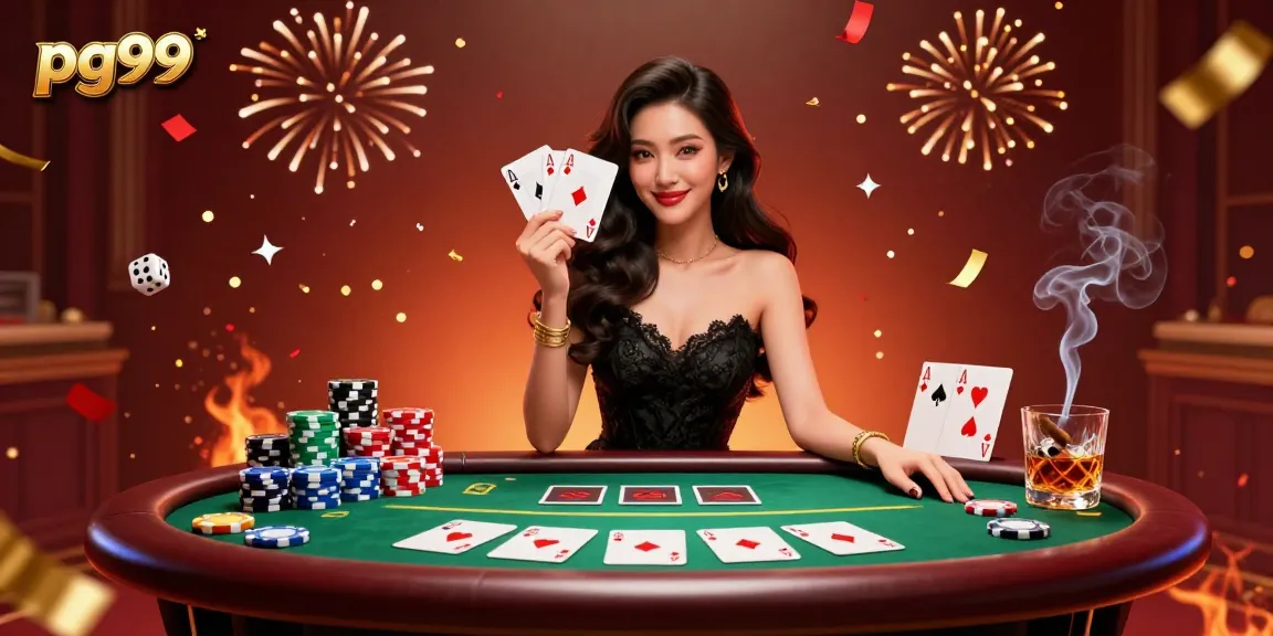 A photorealistic Asian woman at pg99 elegantly presents ace playing cards in a luxurious casino setting filled with poker chips and vibrant energy.