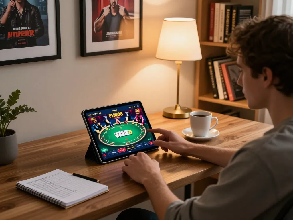 Fun88 user engaging in online poker gameplay, showcasing a stylish gaming setup with strategic notes and vibrant graphics.