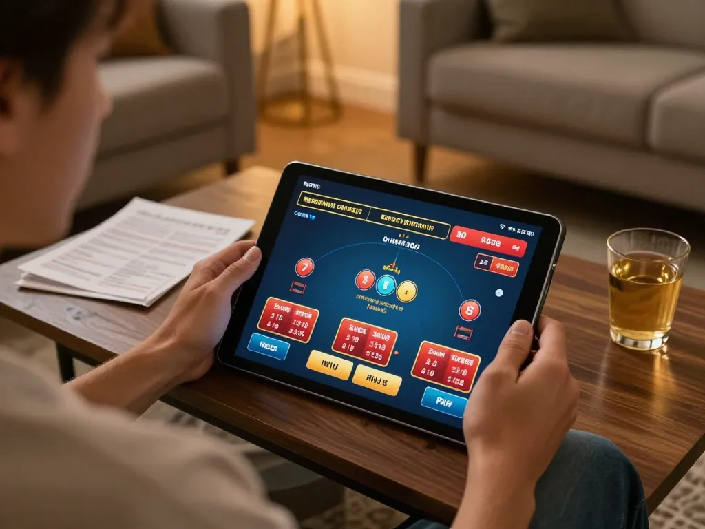 Engaging with the Fly88 online casino app in a cozy home setting.