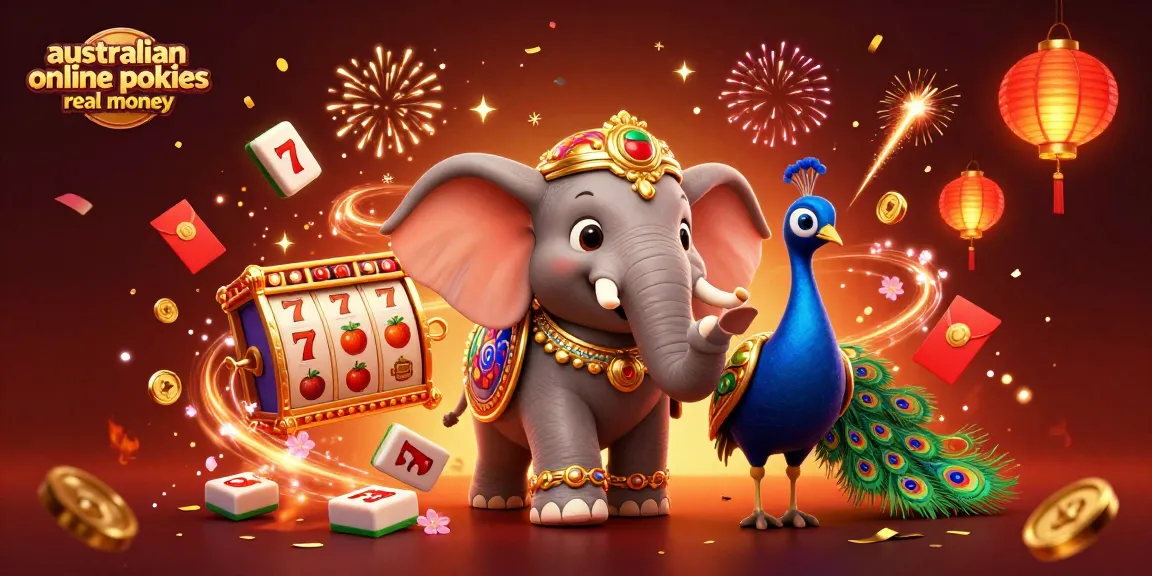 Spin to win with australian online pokies real money featuring a vibrant scene of an elephant and peacock.