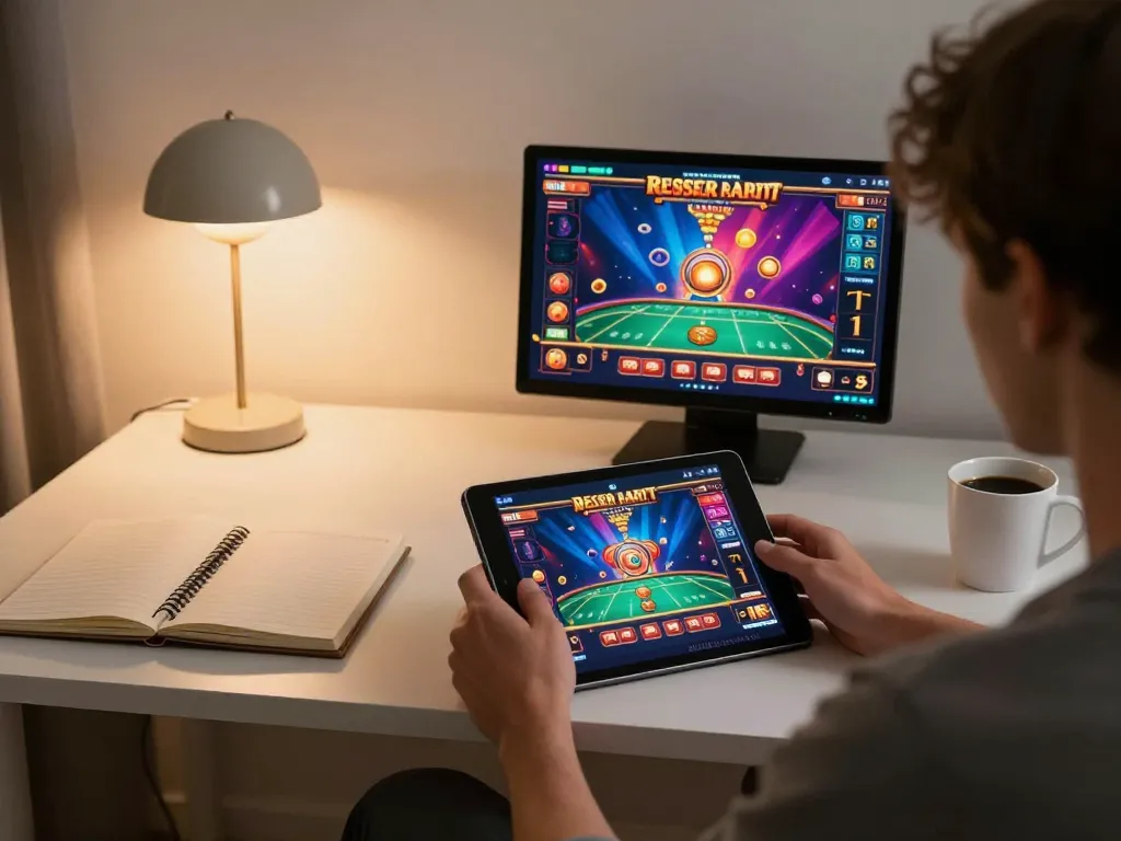 Engaging online gaming scene at home with a player using tablet for 789bethv casino games.