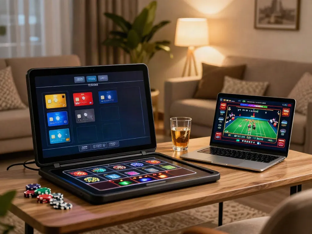 Credit card casinos gaming setup with smartphone and laptop in cozy living room.