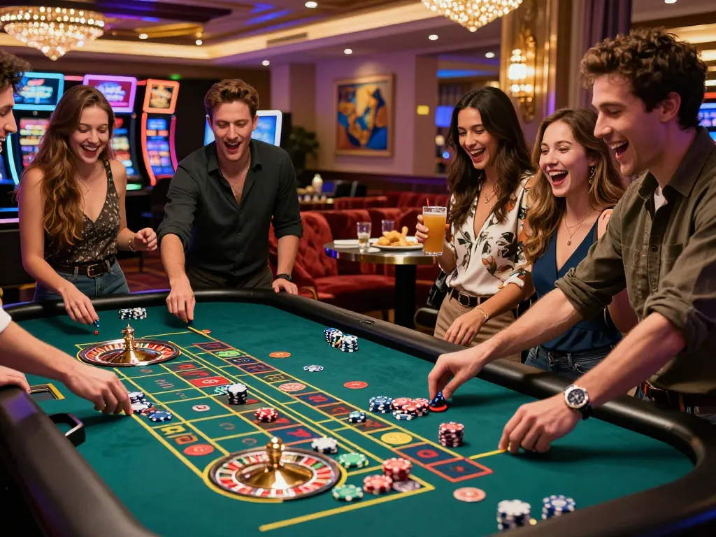 Exciting casino experience at 789club with friends around the roulette table and vibrant atmosphere.