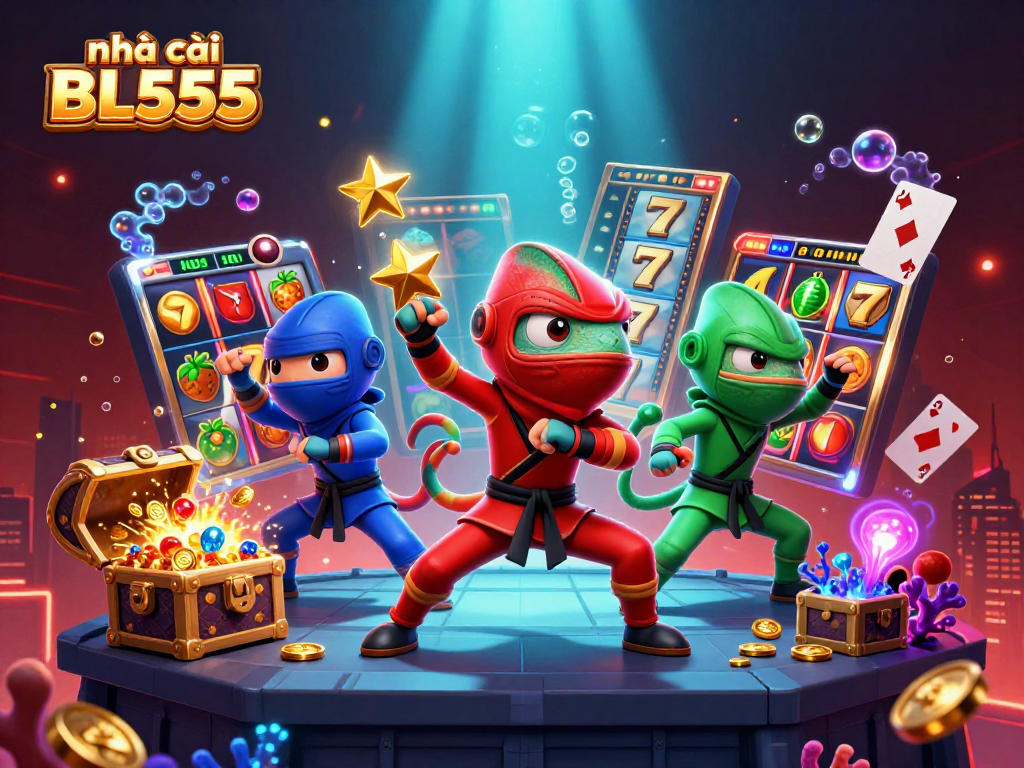 Engage with the excitement of nhà cái BL555 through a dynamic scene of chameleon ninjas, jackpot slots, and vibrant casino elements.