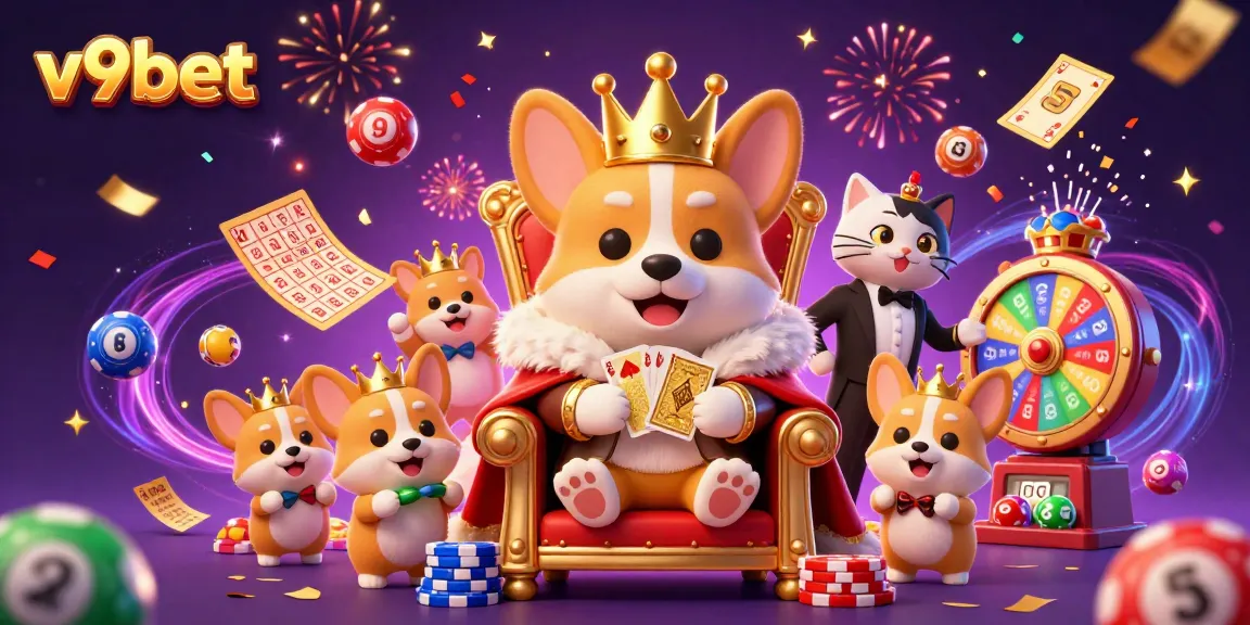 Experience the vibrant excitement at v9bet with a dynamic 3D illustration of a royal corgi surrounded by colorful casino elements.