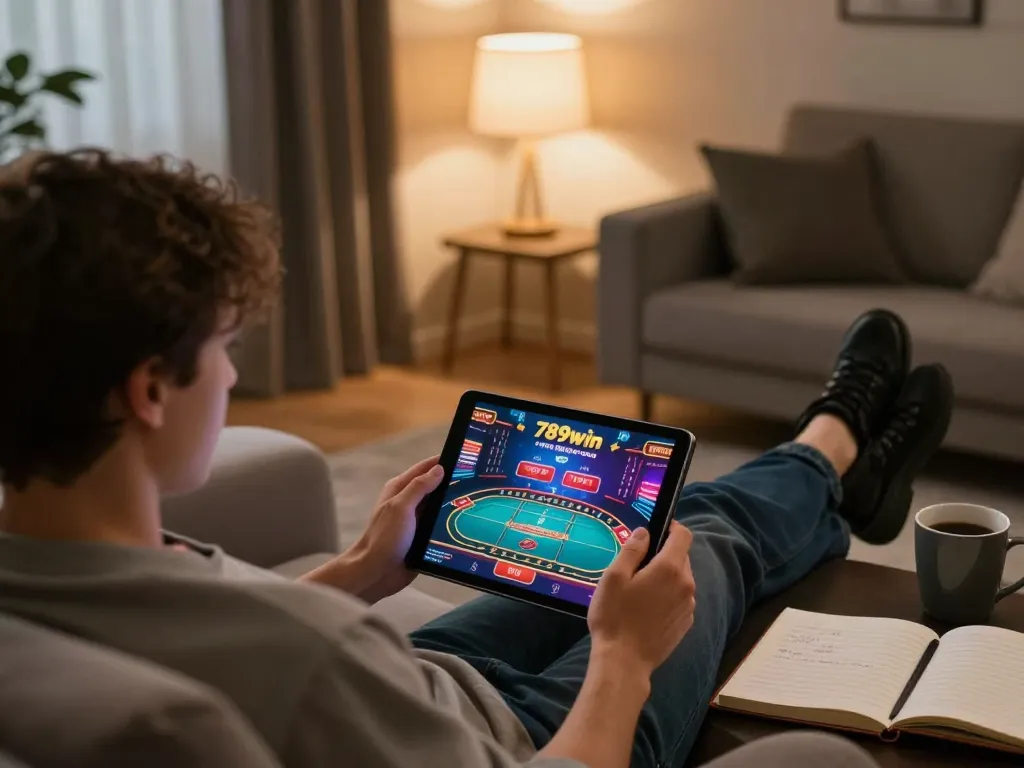 Playing 789win com on a tablet for strategic online gambling in a cozy home setting.