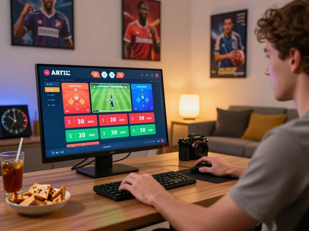 Player excitedly using the Nhà cái 79KING online gaming platform at home, showcasing vibrant sports betting action.