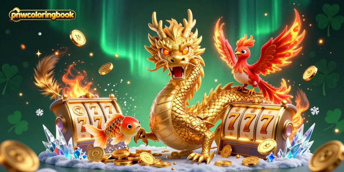 Spin the reels with pnwcoloringbook's vibrant 3D casino illustration featuring dynamic dragon and phoenix.