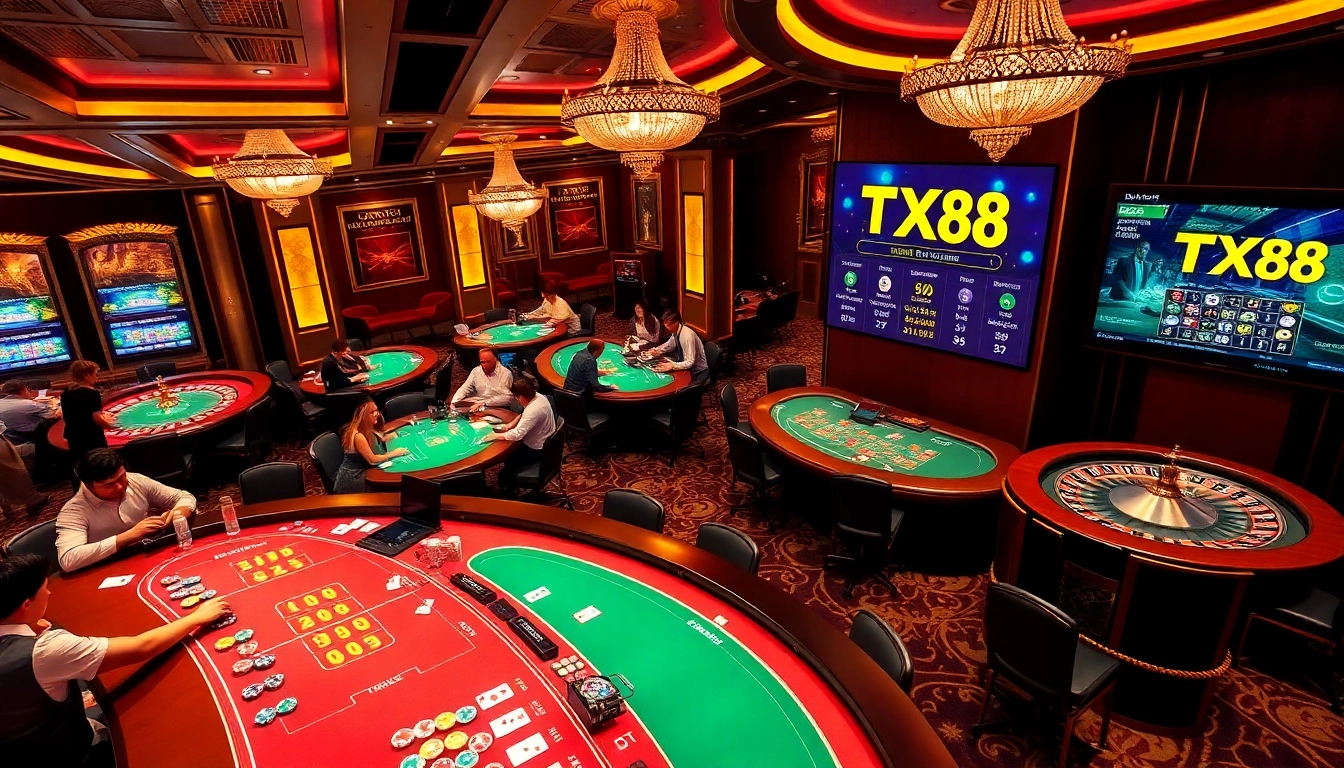 TX88-themed casino scene showcasing vibrant gambling tables with poker chips and cards during an exciting game.