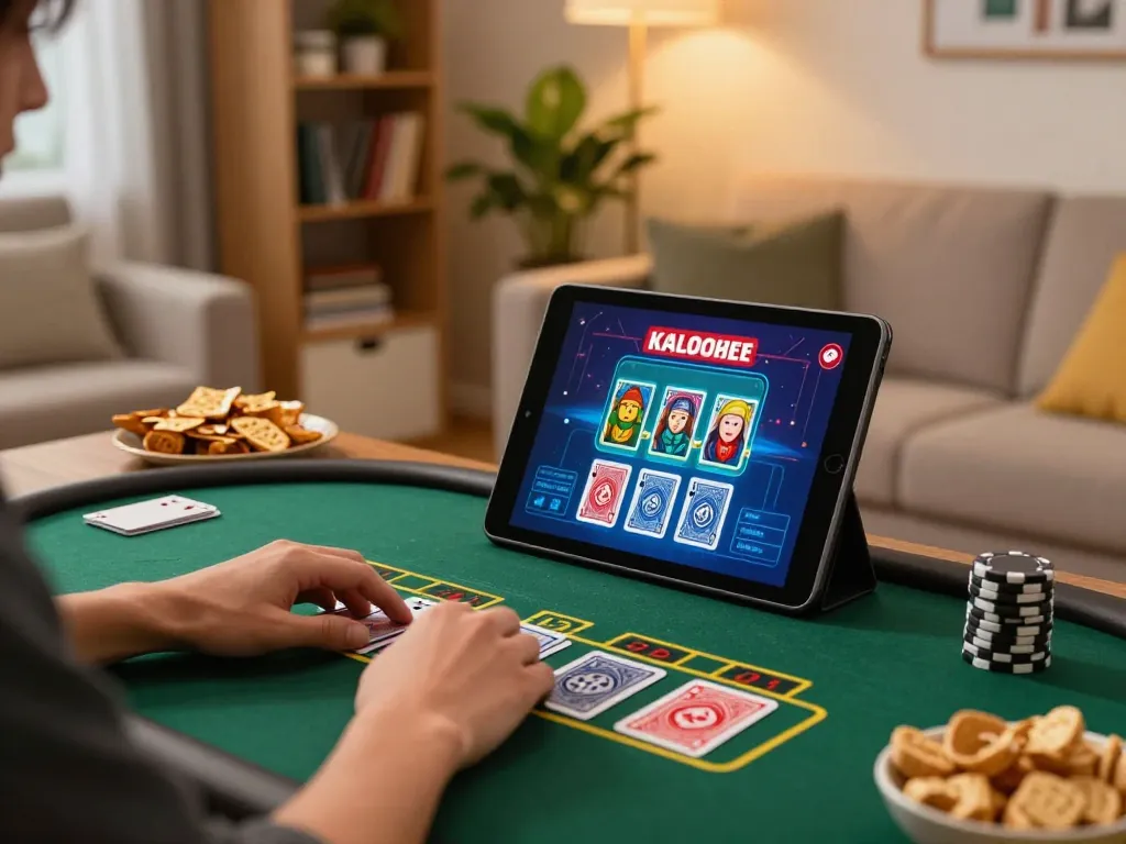 fun88 user enjoying live dealer blackjack on tablet in cozy home setup, showcasing online gambling action.