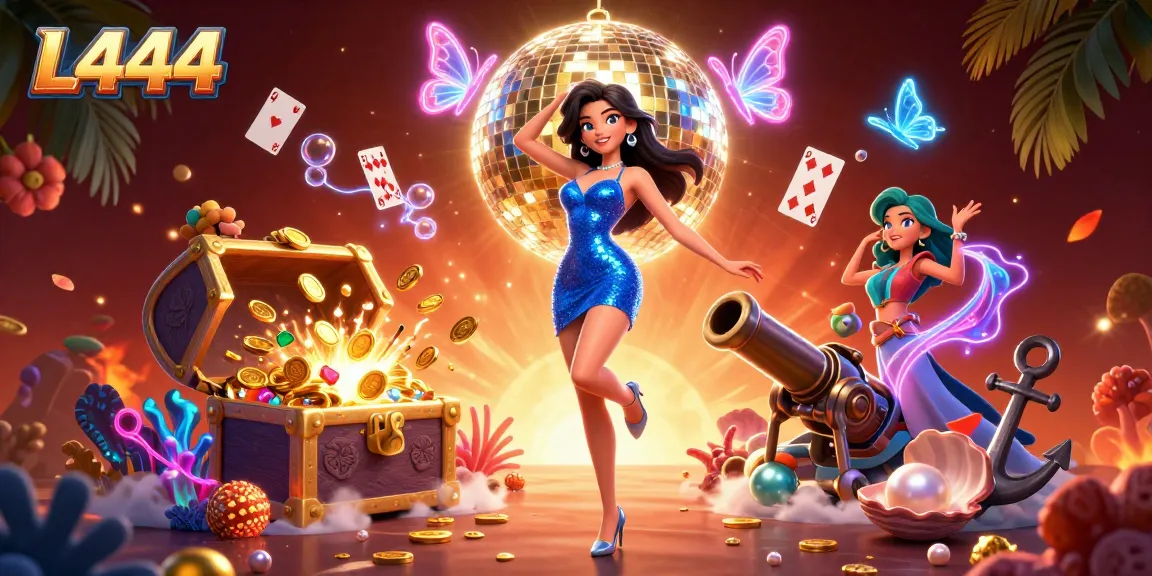 Engage with L444 at this vibrant online casino, showcasing a glamorous dancer amid thrilling gaming elements.