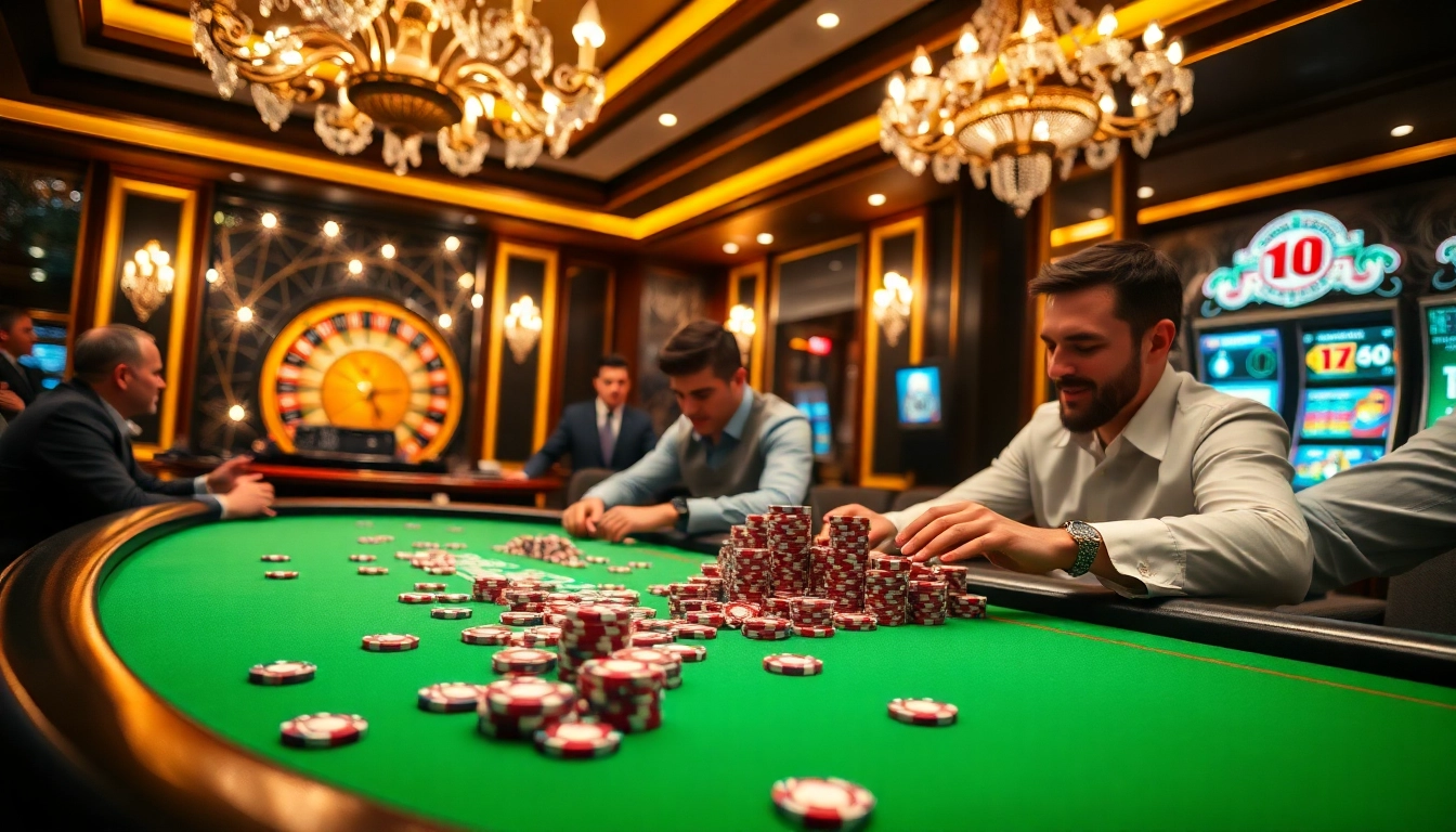 Exciting casino atmosphere at luck8.jpn.com with poker tables and winning players.