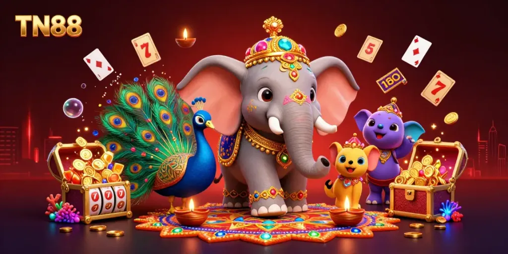 Spin and win with TN88's vibrant casino-themed illustration featuring dynamic characters and elements.