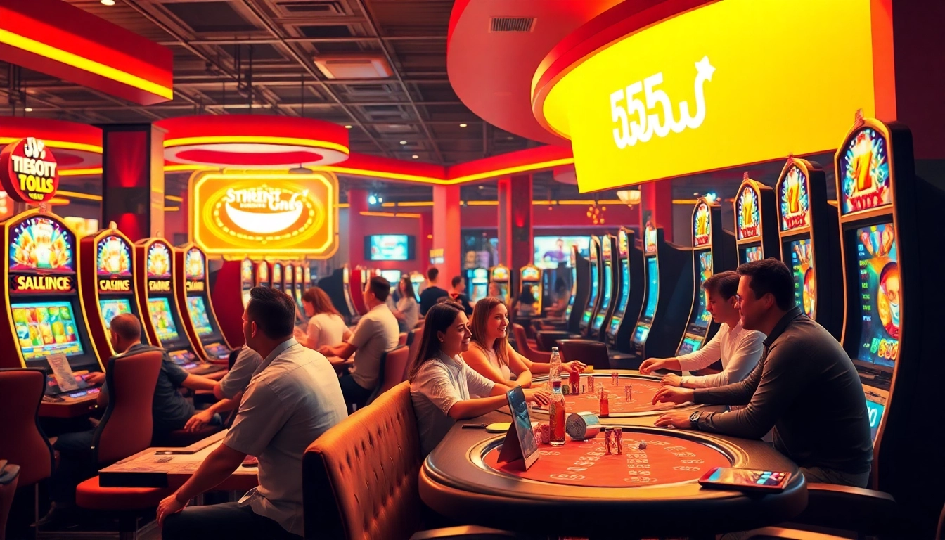Experience the excitement of 555win55 with players celebrating wins in an engaging casino scene.