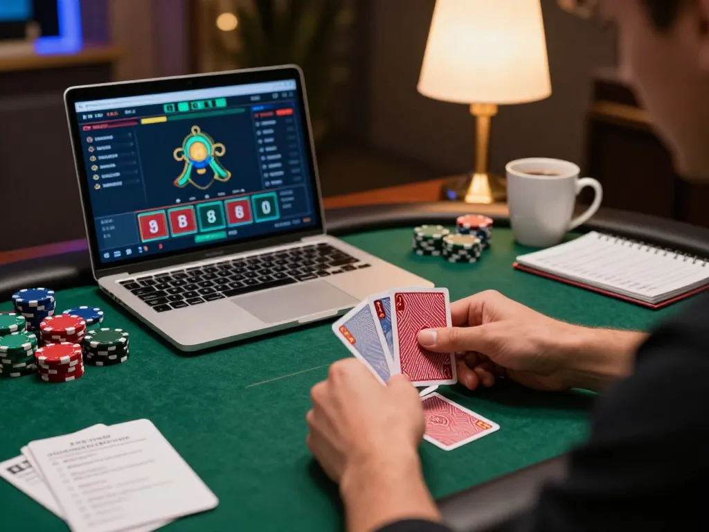 Player strategizing with cards in hand while engaged in 789club online poker game.