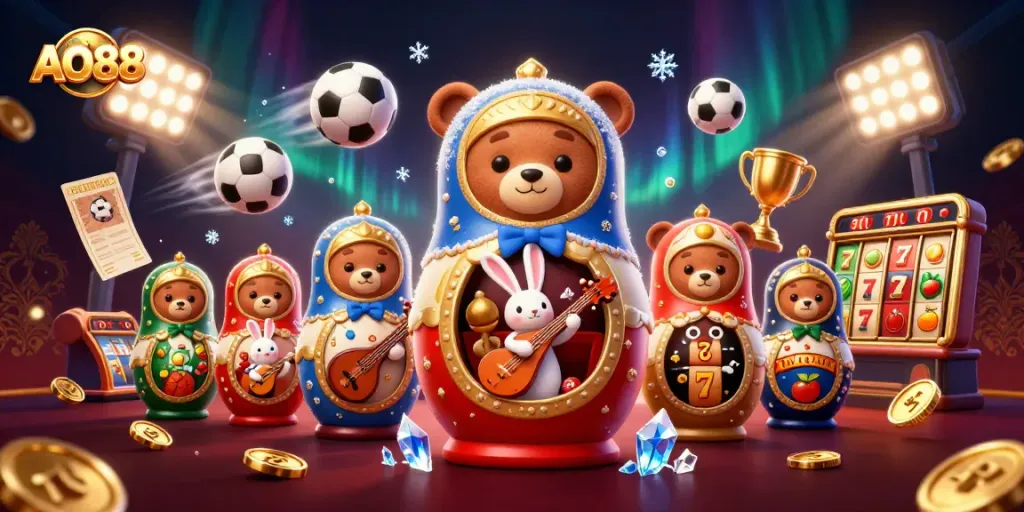 Experience AO88's thrilling casino atmosphere with vibrant characters, dynamic sports elements, and rich visual details.