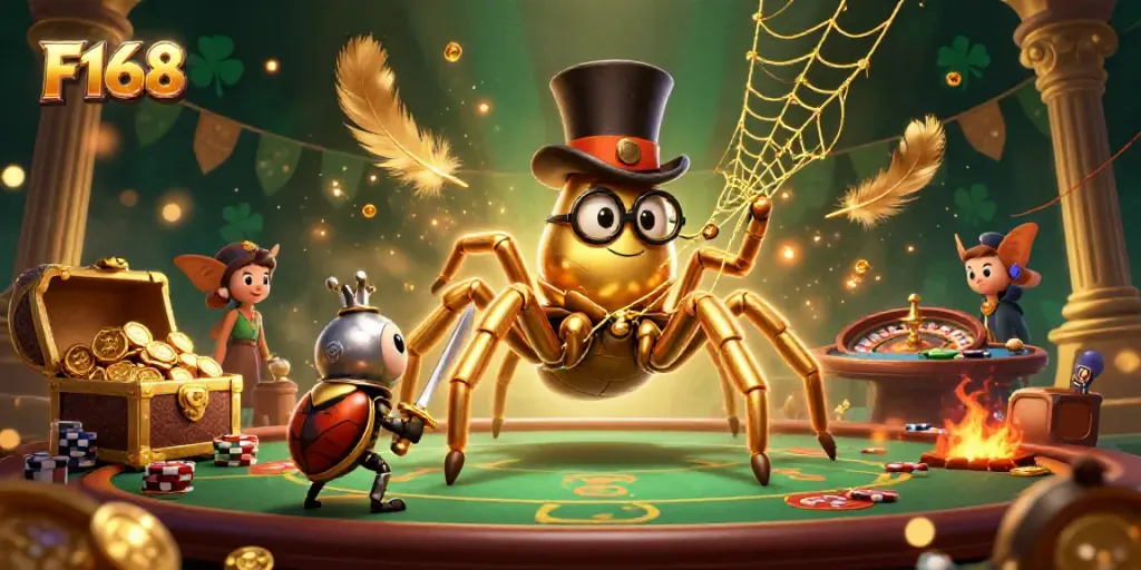 Immerse in the thrilling world of F168 with a dynamic casino scene featuring a golden tarantula and heroic beetle.