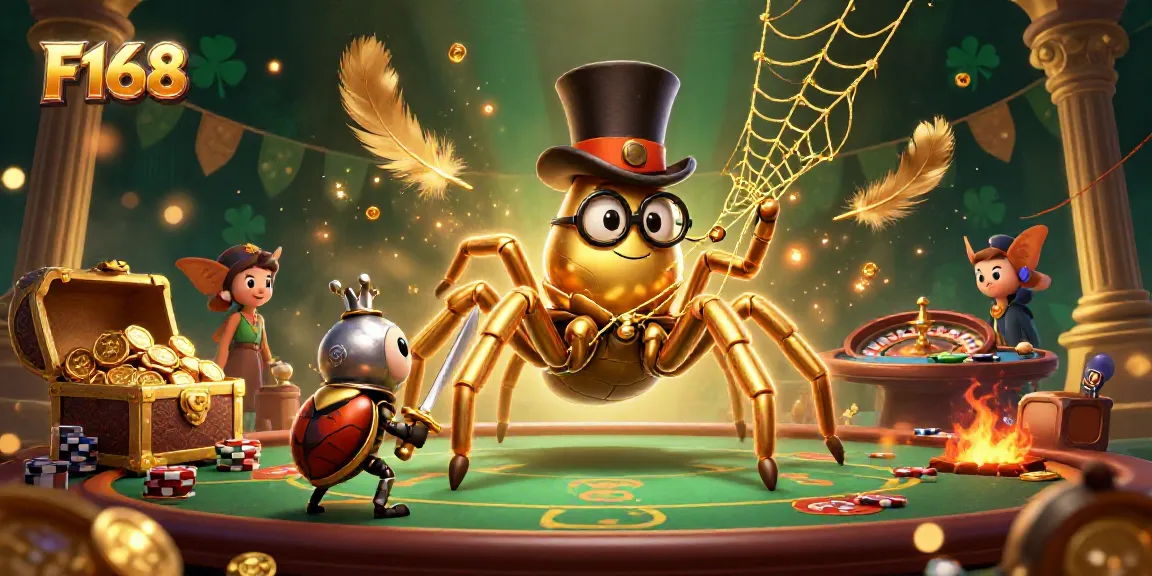 Immerse in the thrilling world of F168 with a dynamic casino scene featuring a golden tarantula and heroic beetle.