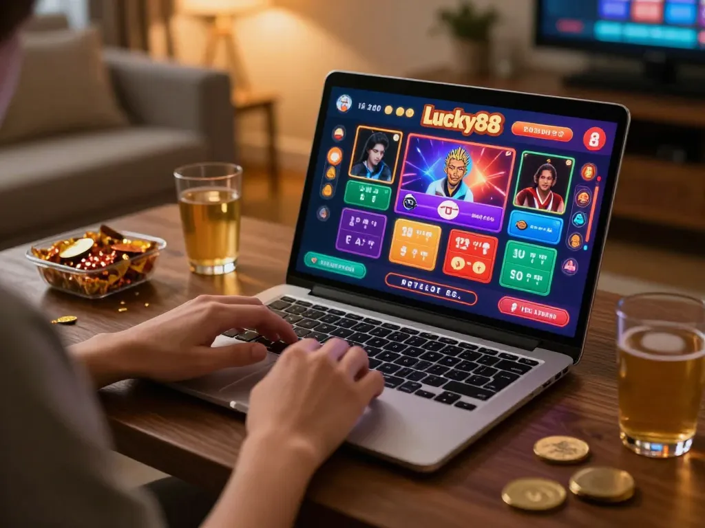 Enjoying an exciting live dealer game on Lucky88 with engaging graphics and comfortable home setup