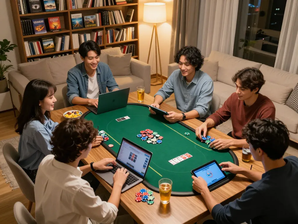 Teman-teman menikmati poker online di rumah, menunjukkan kegembiraan bermain hwg500 dan interaksi sosial