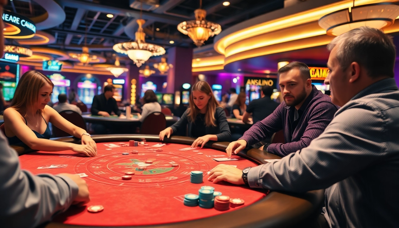 Casinospiele Spieler am Tisch mit bunten Chips und Karten in einem lebhaften Casino.