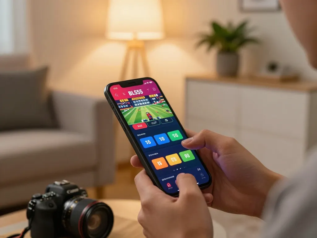 Engaging user betting on casino app BL555 in cozy home setting, highlighting mobile gaming excitement.