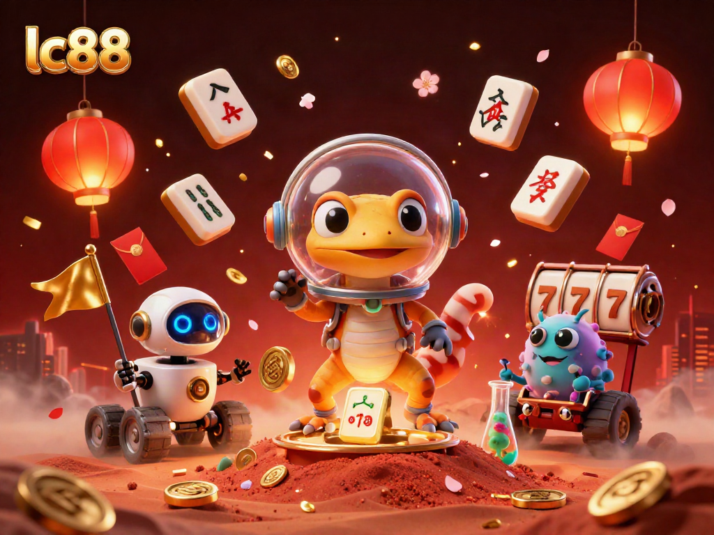 Experience excitement at lc88 with a Martian gecko and golden slot reels in a vibrant casino.