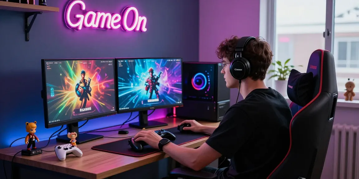 Gaming setup showcasing rikvip platform with vibrant graphics, LED lights, and collectibles for an immersive experience.