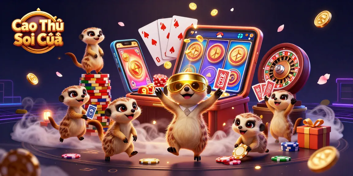 Cao Thủ Soi Cầu displays a vibrant 3D illustration of meerkats managing a casino with dynamic gaming elements.