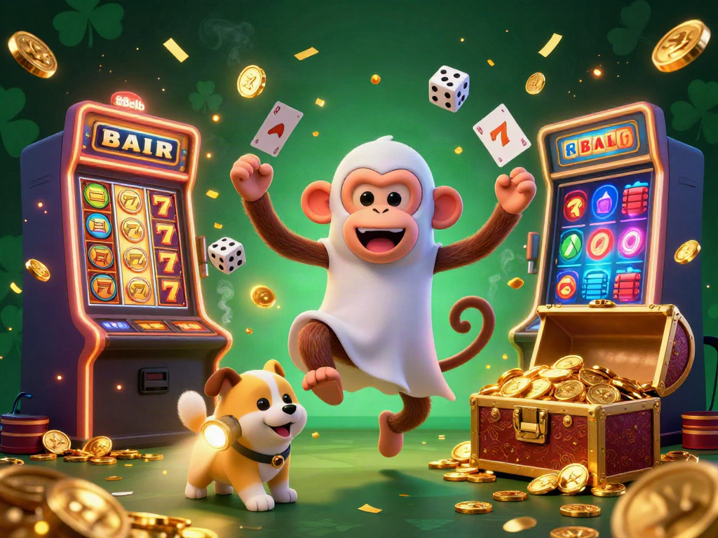 Engaging casino scene with 88clb's playful poltergeist monkey and ghost-hunter puppy amidst slot machines.