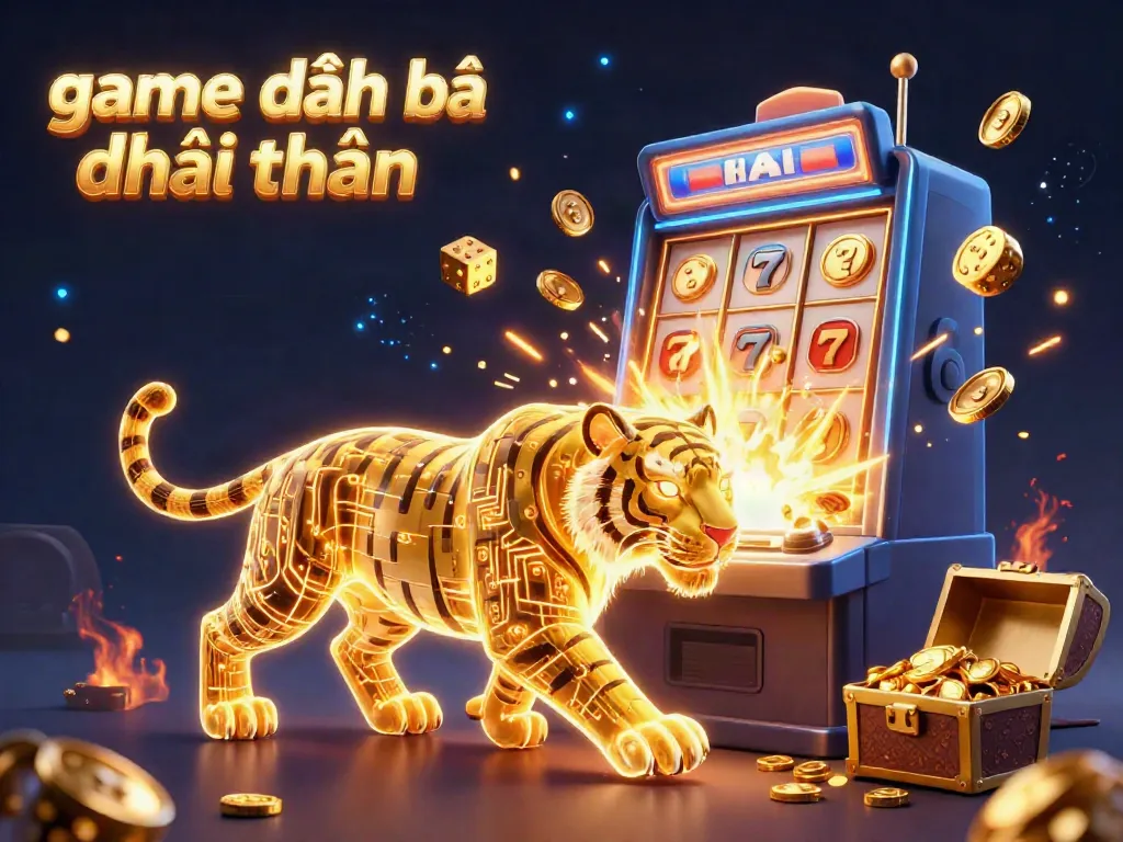 Experience the exciting world of game đánh bài đổi thưởng with a neon golden tiger and vibrant casino elements.