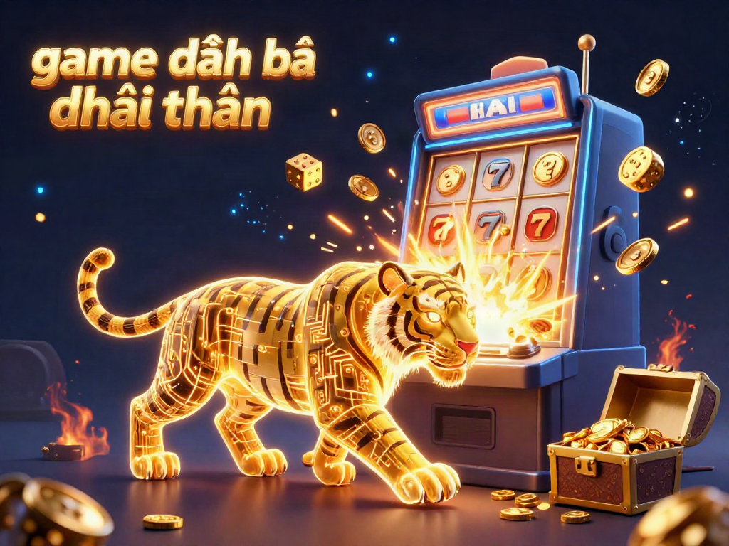 Experience the exciting world of game đánh bài đổi thưởng with a neon golden tiger and vibrant casino elements.