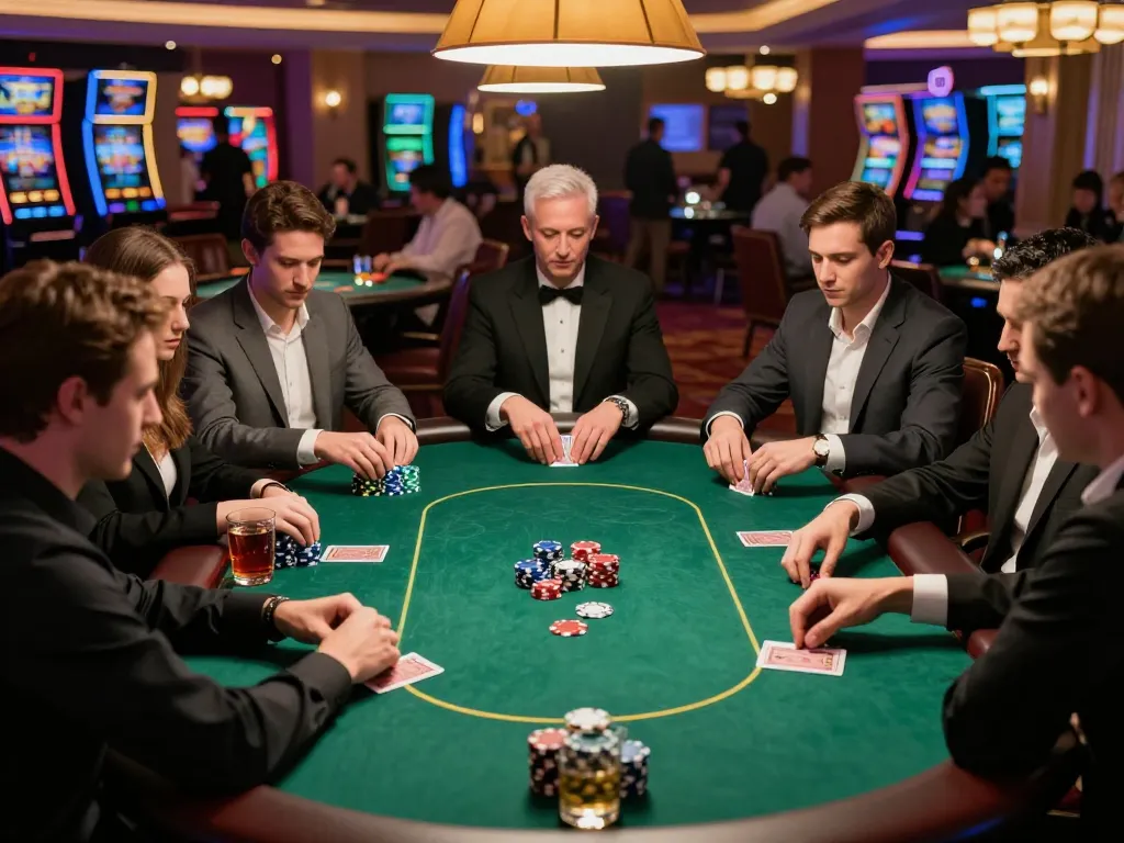 Engaged players in a high-stakes poker game at a luxurious casino showcasing strategic gameplay at 79king.