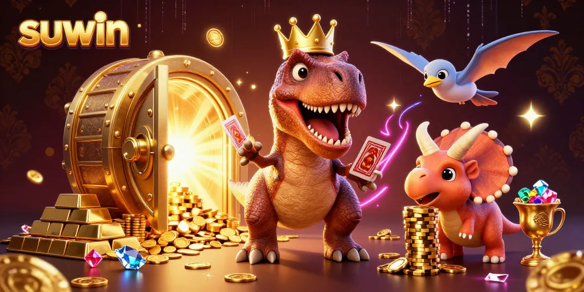 Suwin captures players' attention with a thrilling casino scene featuring cartoon dinosaurs stacked with golden chips.