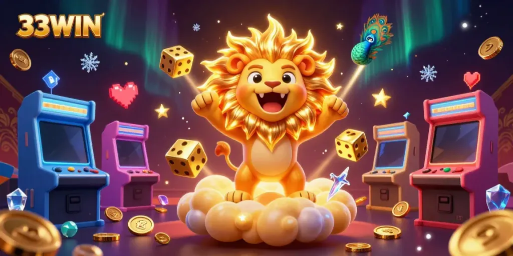Các nhân vật 33WIN thể hiện tinh thần chiến thắng trong một khung cảnh sòng bạc sôi động.