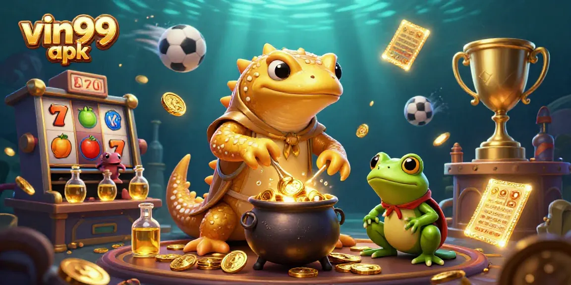 Experience the thrill with vin99 apk, where golden coins and vibrant slots come alive in a dynamic casino illustration.