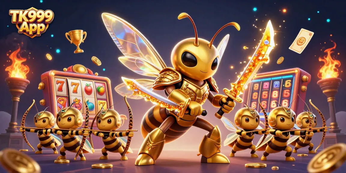 Experience thrilling wins with the TK999 App, a vibrant illustration of a golden hornet conquering the slots.