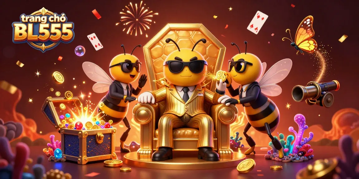 Experience the excitement of trang chủ BL555 with a vibrant 3D illustration of a casino scene filled with gold coins and lucky charms.